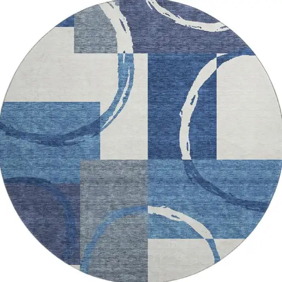 8' Blue And Ivory Geometric Washable Round Rug With UV Protection Photo 3