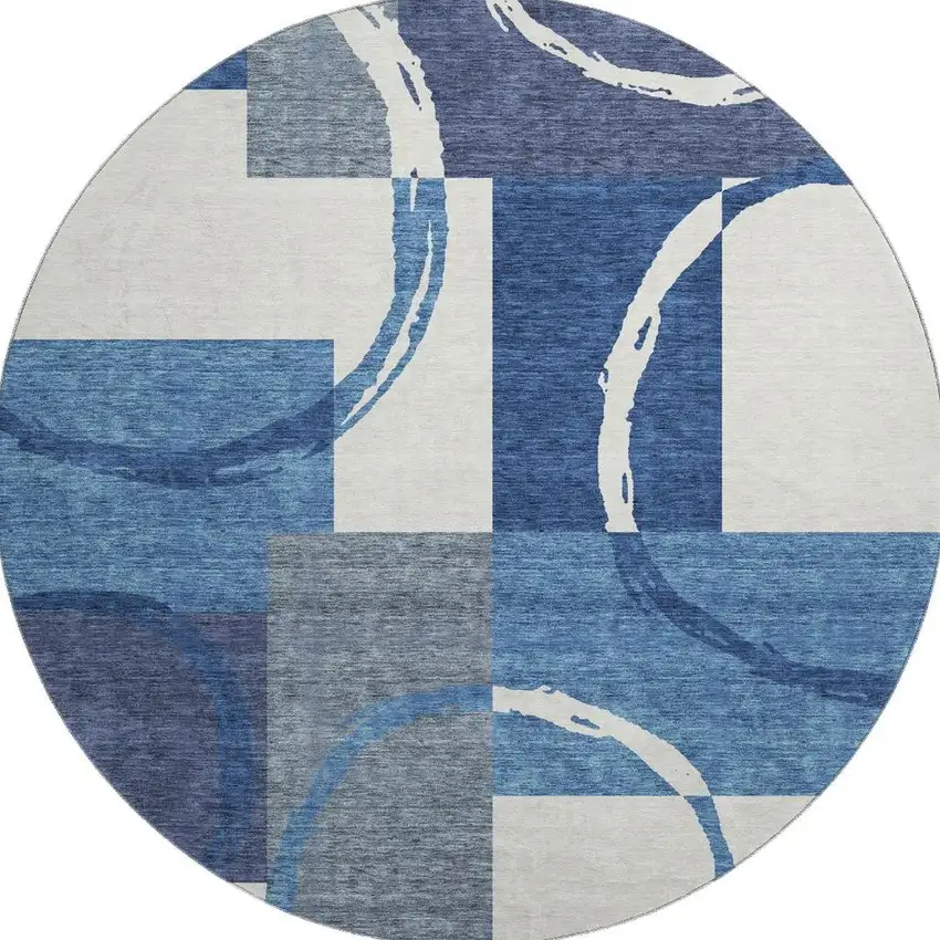 8' Blue And Ivory Geometric Washable Round Rug With UV Protection Photo 3