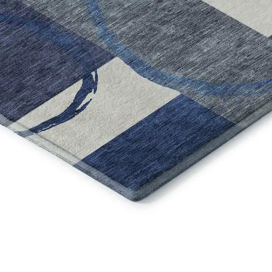 8' Blue And Ivory Geometric Washable Round Rug With UV Protection Photo 6