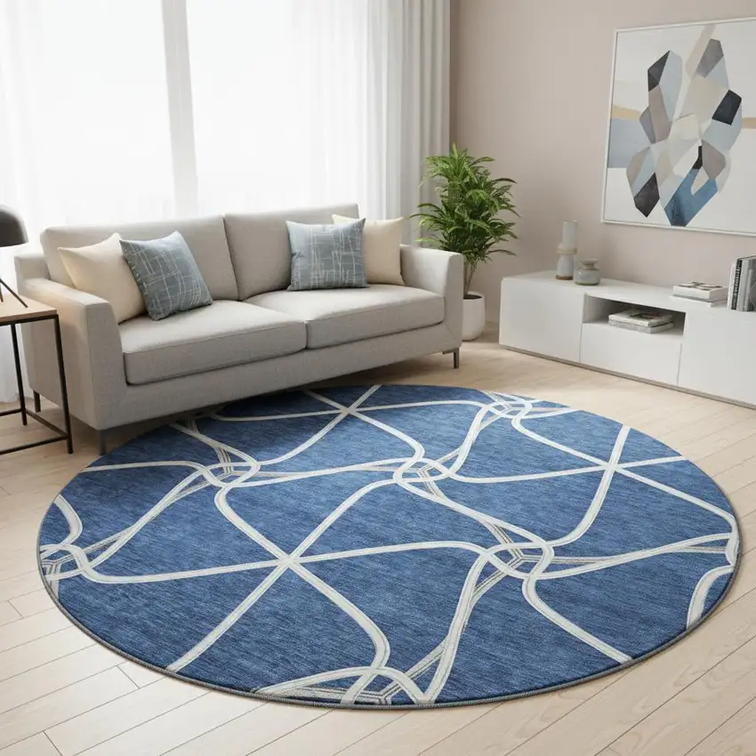 8' Blue And Ivory Geometric Washable Round Rug With UV Protection Photo 2