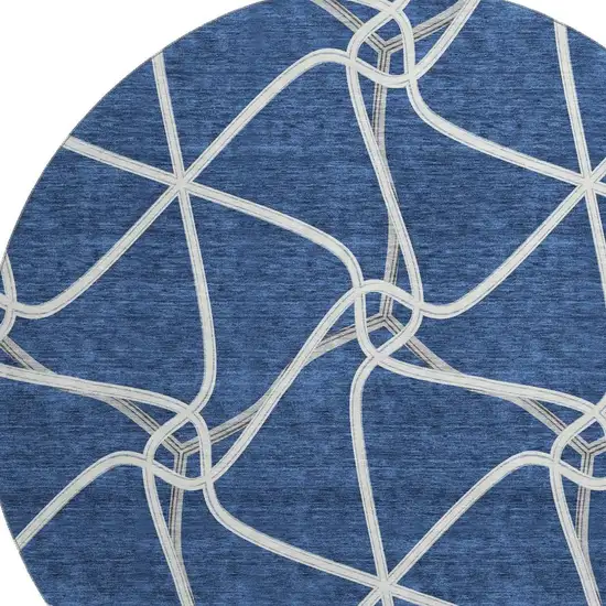 8' Blue And Ivory Geometric Washable Round Rug With UV Protection Photo 2