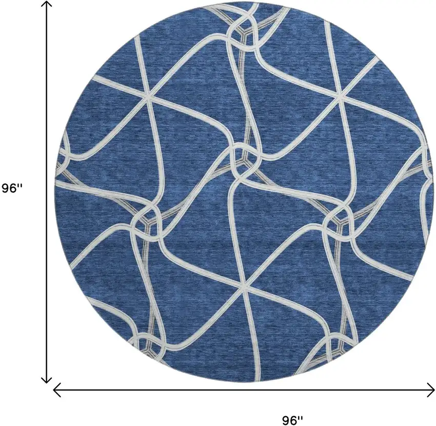 8' Blue And Ivory Geometric Washable Round Rug With UV Protection Photo 9