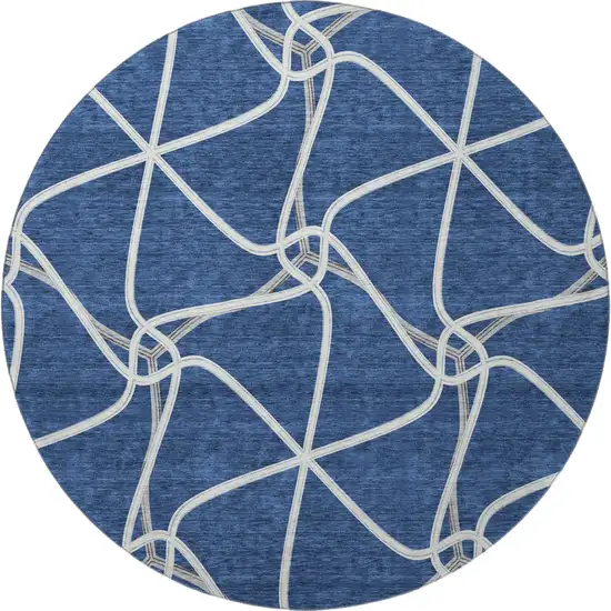 8' Blue And Ivory Geometric Washable Round Rug With UV Protection Photo 3