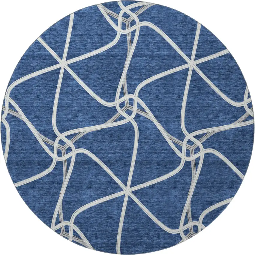 8' Blue And Ivory Geometric Washable Round Rug With UV Protection Photo 3