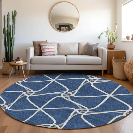 8' Blue And Ivory Geometric Washable Round Rug With UV Protection Photo 4