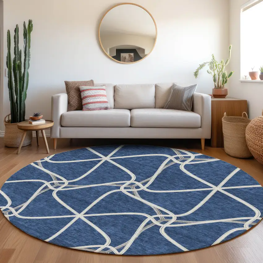 8' Blue And Ivory Geometric Washable Round Rug With UV Protection Photo 4