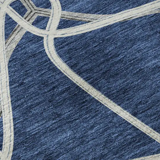 8' Blue And Ivory Geometric Washable Round Rug With UV Protection Photo 8