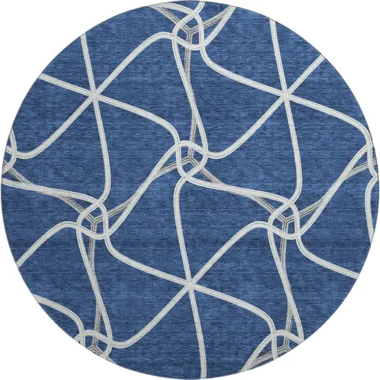 8' Blue And Ivory Geometric Washable Round Rug With UV Protection Photo 1