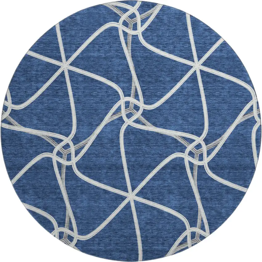 8' Blue And Ivory Geometric Washable Round Rug With UV Protection Photo 1