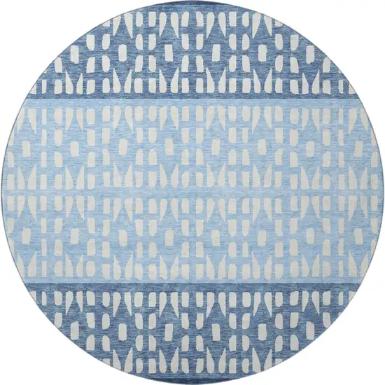 8' Blue And Ivory Geometric Washable Round Rug With UV Protection Photo 3