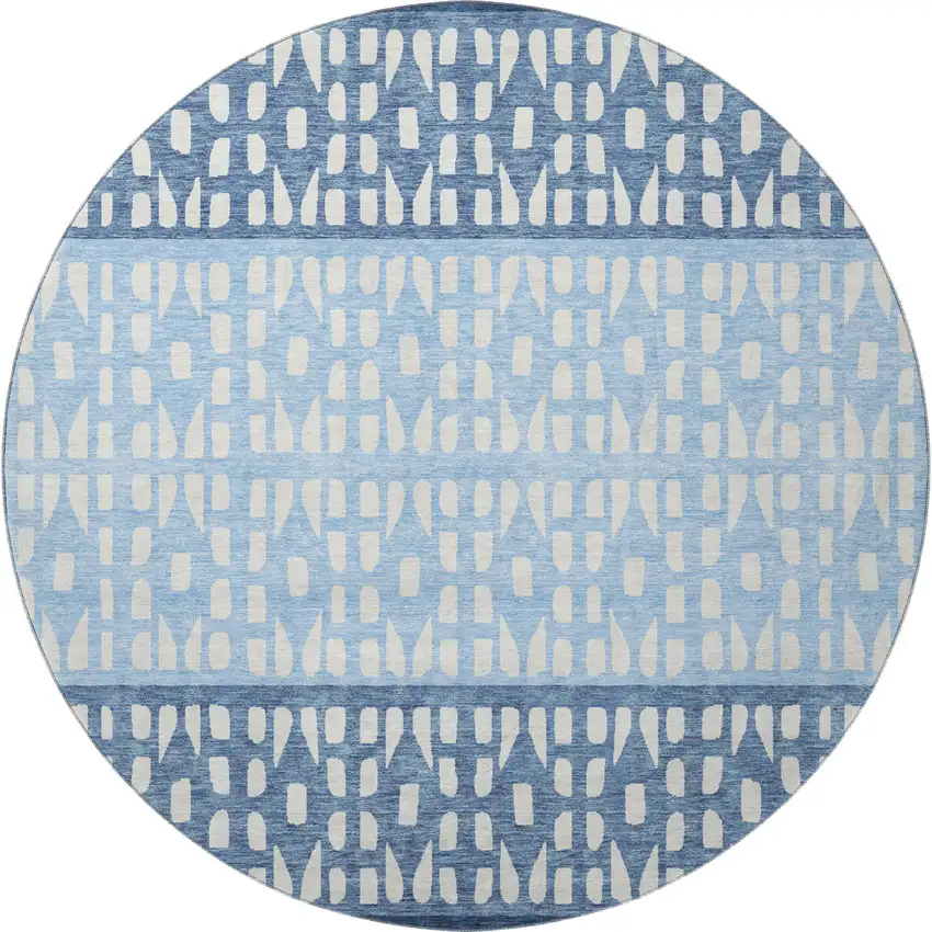 8' Blue And Ivory Geometric Washable Round Rug With UV Protection Photo 3