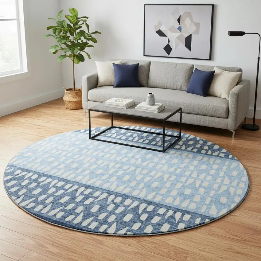 8' Blue And Ivory Geometric Washable Round Rug With UV Protection Photo 2