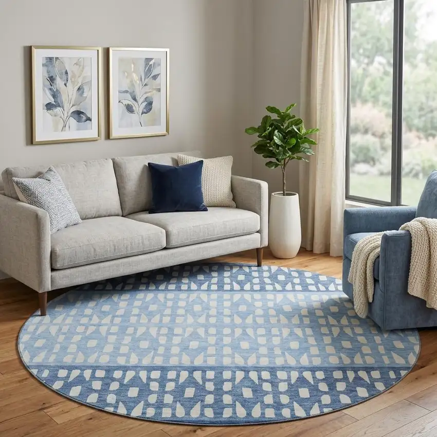 8' Blue And Ivory Geometric Washable Round Rug With UV Protection Photo 1