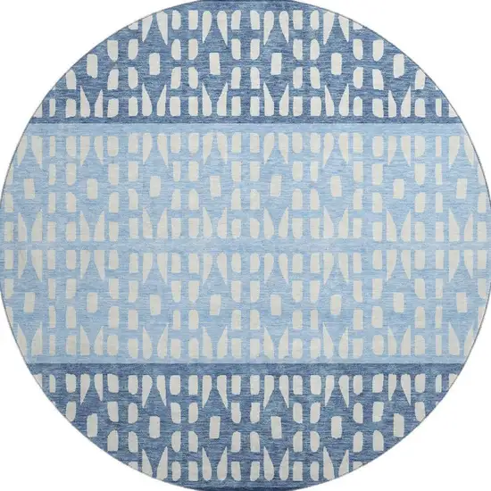 8' Blue And Ivory Geometric Washable Round Rug With UV Protection Photo 2