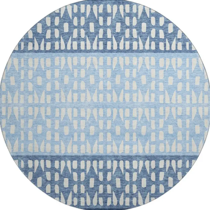 8' Blue And Ivory Geometric Washable Round Rug With UV Protection Photo 2