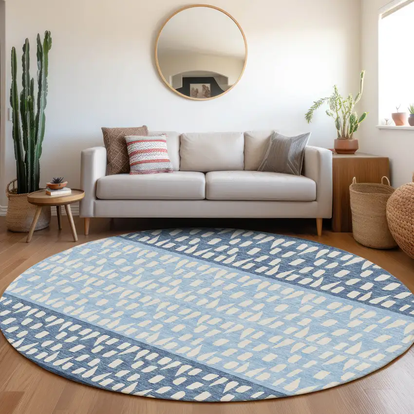 8' Blue And Ivory Geometric Washable Round Rug With UV Protection Photo 4