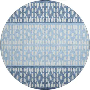 Photo of 8' Blue And Ivory Geometric Washable Round Rug With UV Protection