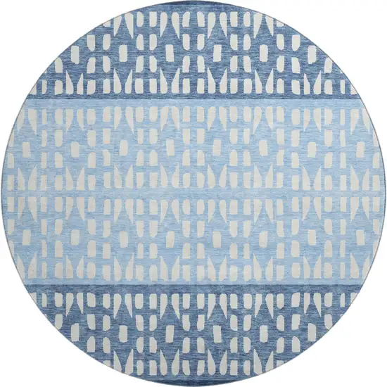 8' Blue And Ivory Geometric Washable Round Rug With UV Protection Photo 1