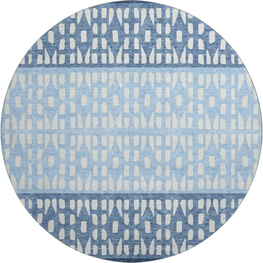 8' Blue And Ivory Geometric Washable Round Rug With UV Protection Photo 1
