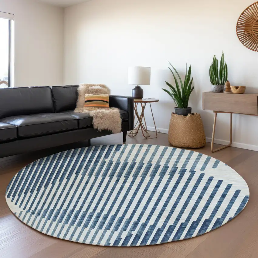 8' Blue And Ivory Geometric Washable Round Rug With UV Protection Photo 3