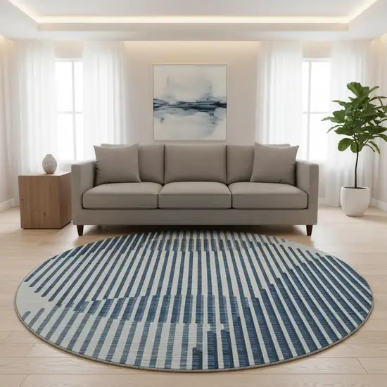 8' Blue And Ivory Geometric Washable Round Rug With UV Protection Photo 2