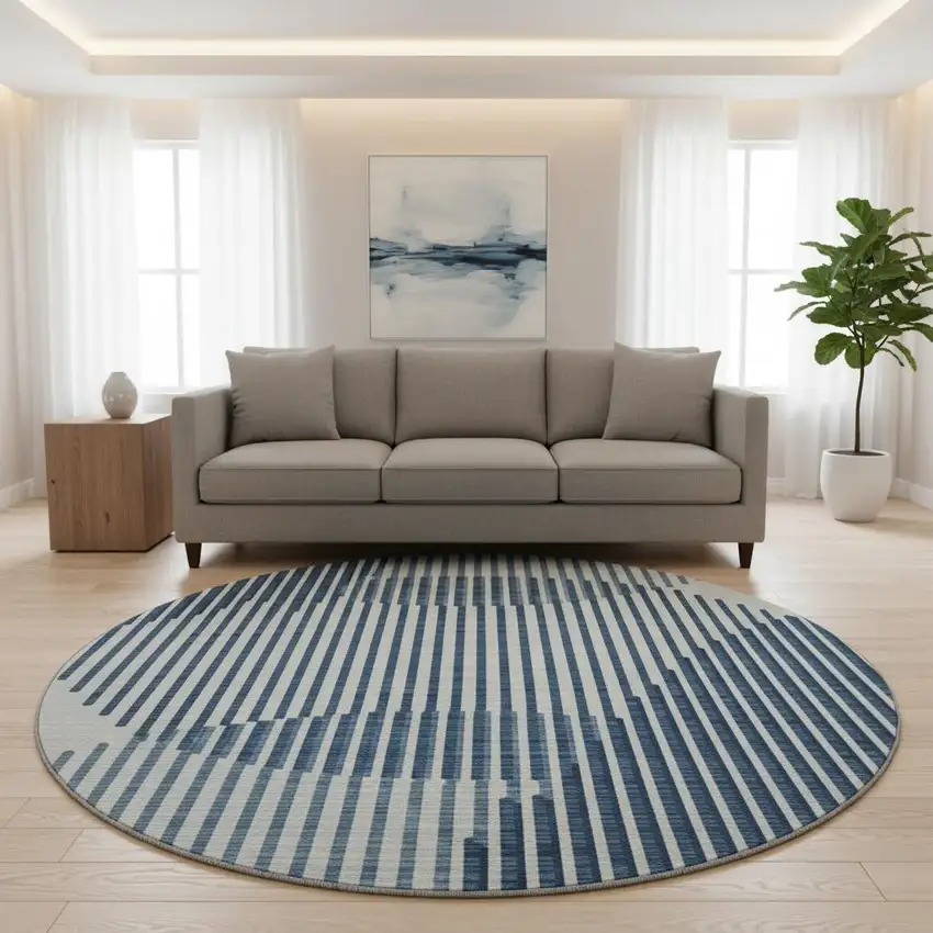 8' Blue And Ivory Geometric Washable Round Rug With UV Protection Photo 2