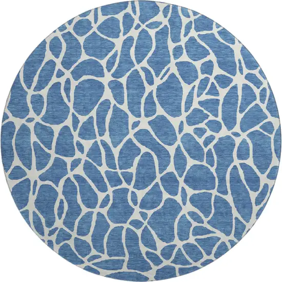 8' Blue And Ivory Geometric Washable Round Rug With UV Protection Photo 1