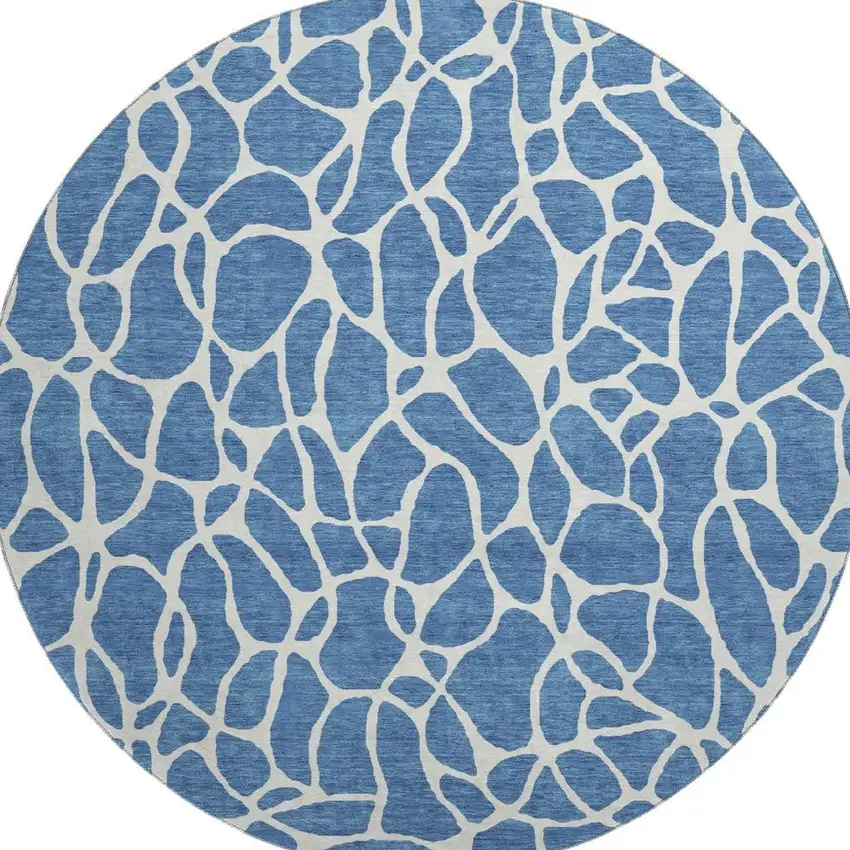 8' Blue And Ivory Geometric Washable Round Rug With UV Protection Photo 3