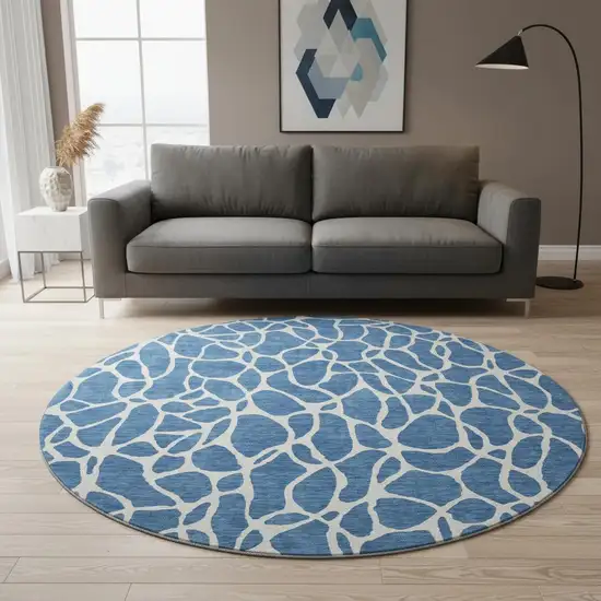 8' Blue And Ivory Geometric Washable Round Rug With UV Protection Photo 2