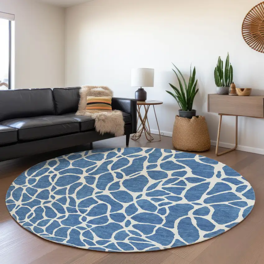 8' Blue And Ivory Geometric Washable Round Rug With UV Protection Photo 4