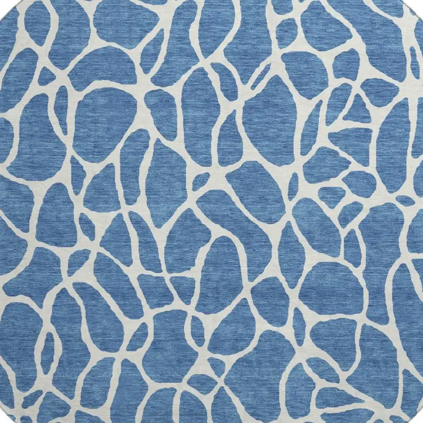 8' Blue And Ivory Geometric Washable Round Rug With UV Protection Photo 2