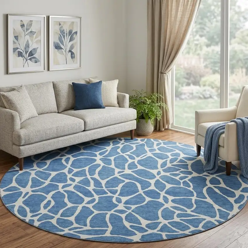 8' Blue And Ivory Geometric Washable Round Rug With UV Protection Photo 1