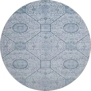 Photo of 8' Blue And Ivory Geometric Washable Round Rug With UV Protection