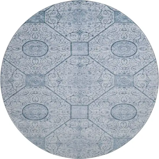 8' Blue And Ivory Geometric Washable Round Rug With UV Protection Photo 1