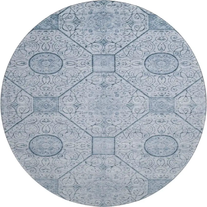 8' Blue And Ivory Geometric Washable Round Rug With UV Protection Photo 1
