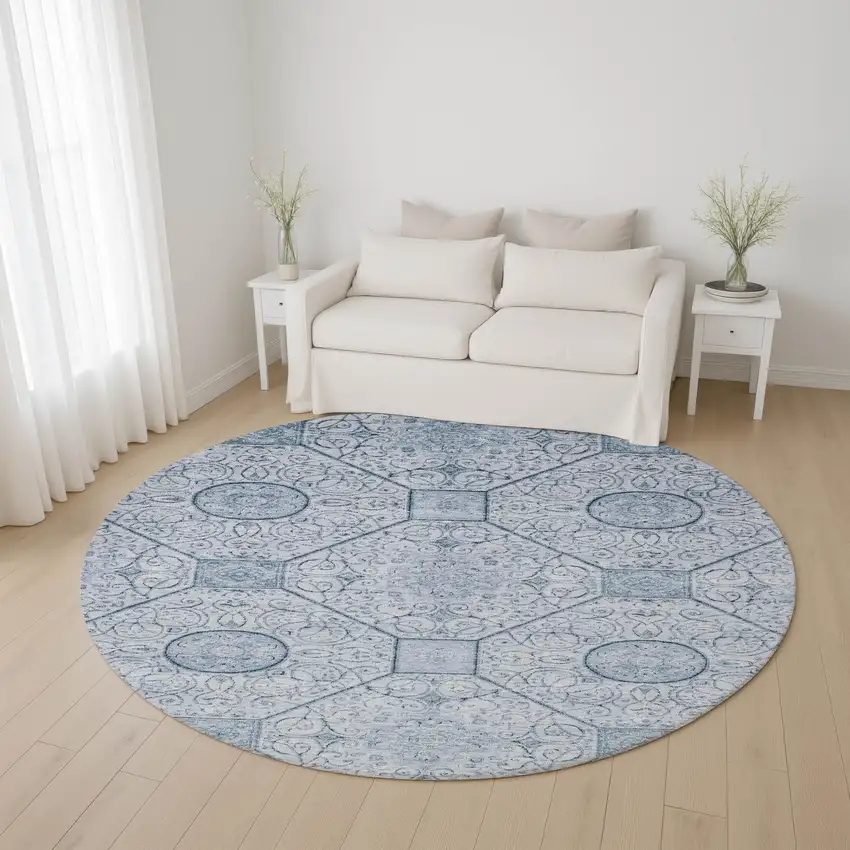 8' Blue And Ivory Geometric Washable Round Rug With UV Protection Photo 4