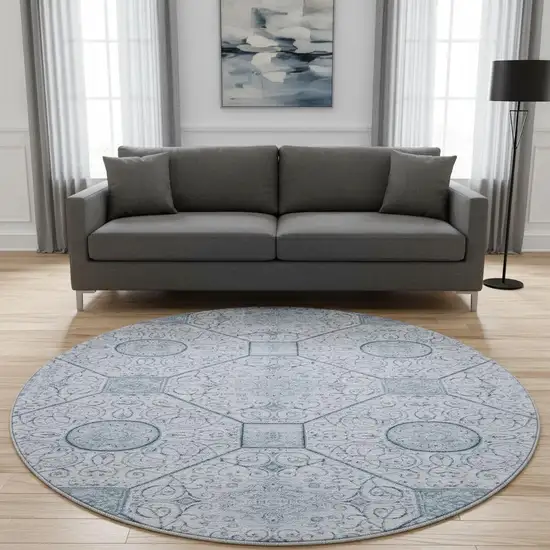 8' Blue And Ivory Geometric Washable Round Rug With UV Protection Photo 2