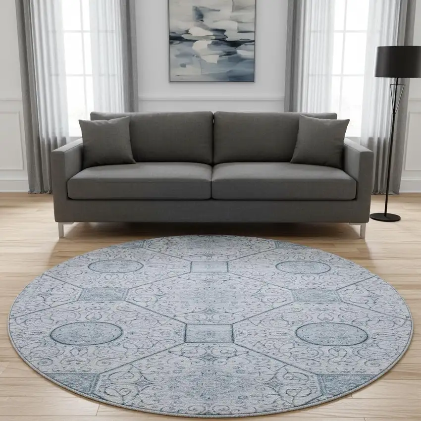 8' Blue And Ivory Geometric Washable Round Rug With UV Protection Photo 2
