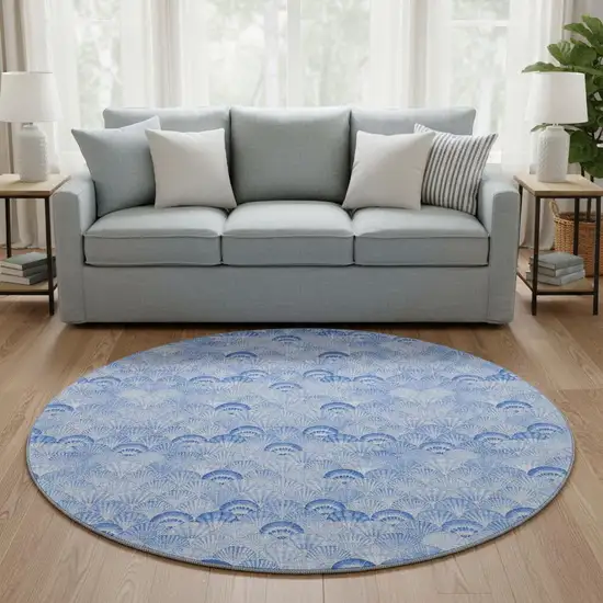 8' Blue And Ivory Geometric Washable Round Rug With UV Protection Photo 2
