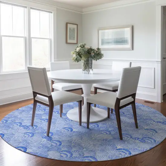 8' Blue And Ivory Geometric Washable Round Rug With UV Protection Photo 4
