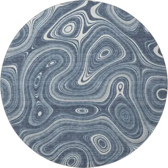 8' Blue And Ivory Geometric Washable Round Rug With UV Protection Photo 4