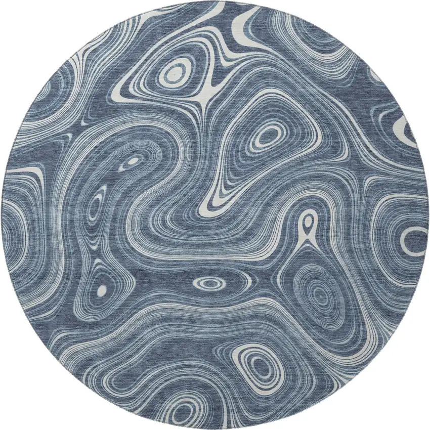 8' Blue And Ivory Geometric Washable Round Rug With UV Protection Photo 4