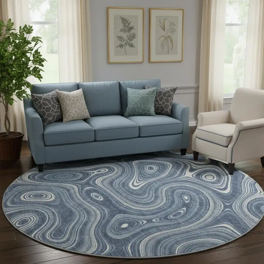 8' Blue And Ivory Geometric Washable Round Rug With UV Protection Photo 2