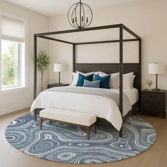 8' Blue And Ivory Geometric Washable Round Rug With UV Protection Photo 5