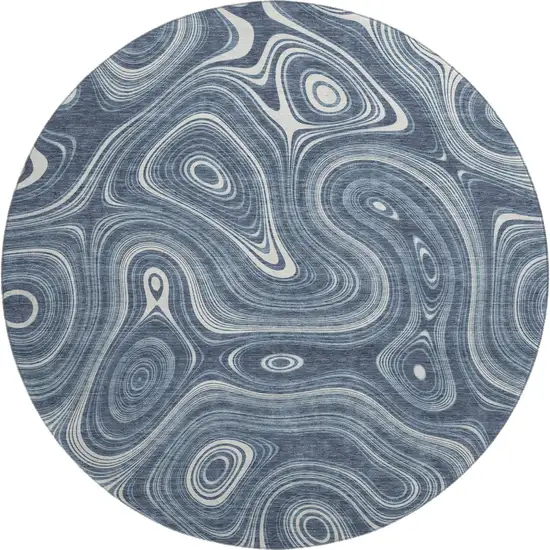 8' Blue And Ivory Geometric Washable Round Rug With UV Protection Photo 1
