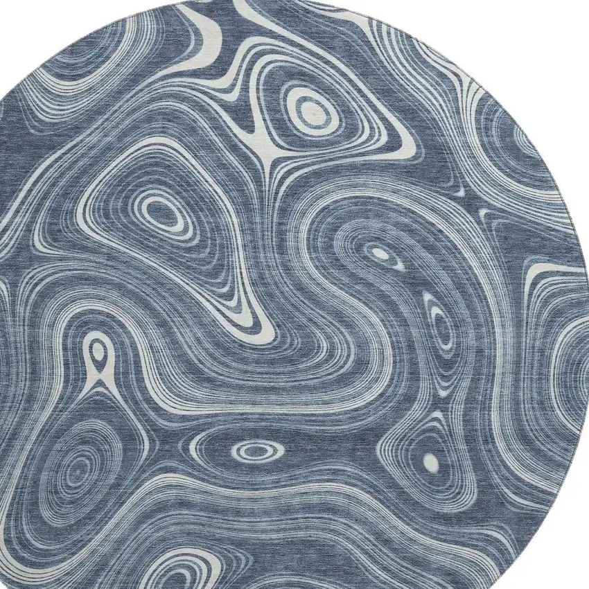 8' Blue And Ivory Geometric Washable Round Rug With UV Protection Photo 3