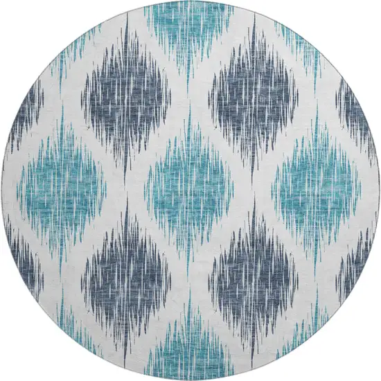 8' Blue And Ivory Ikat Washable Round Rug With UV Protection Photo 1