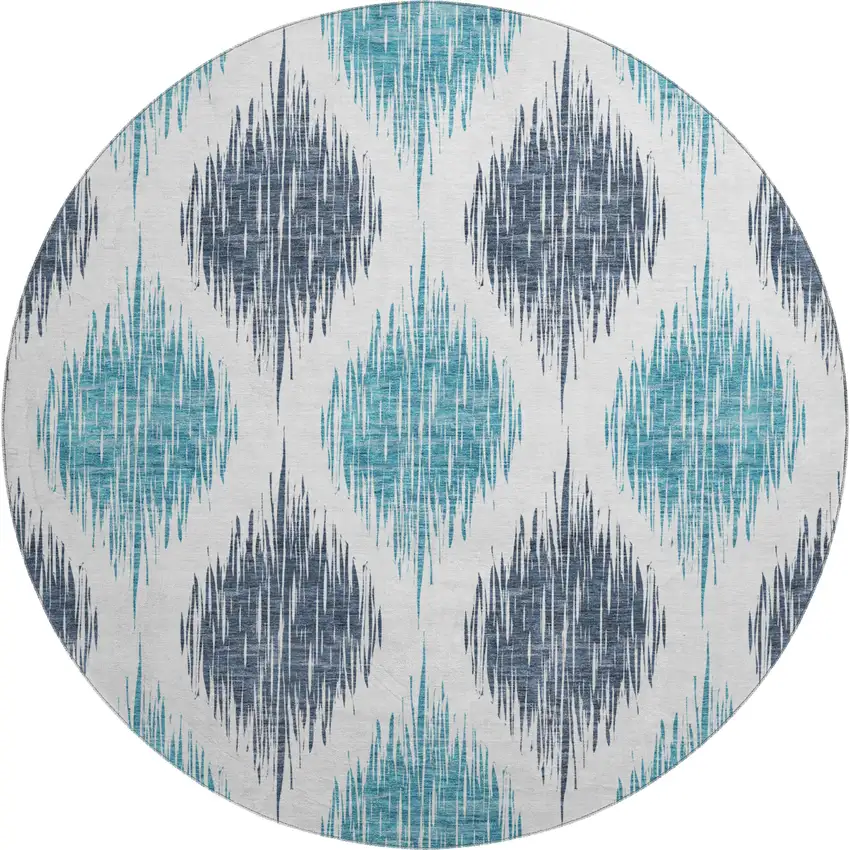 8' Blue And Ivory Ikat Washable Round Rug With UV Protection Photo 1