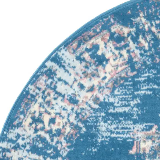 5' Blue And Ivory Medallion Distressed Round Rug Photo 7