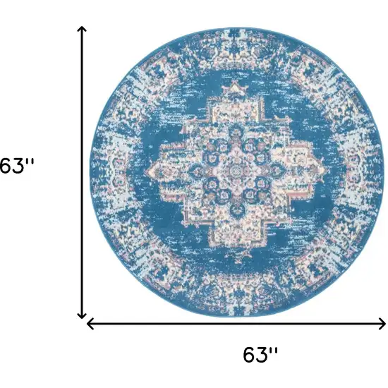 5' Blue And Ivory Medallion Distressed Round Rug Photo 3
